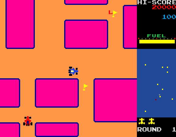 New Rally-X Arcade Screenshot: Collect the flags, but don't crash into red cars...
