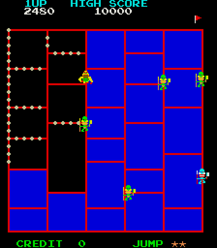 Amidar Arcade Screenshot: Almost all of the sections are filled in!