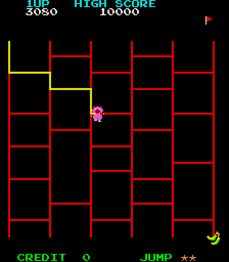 Amidar Arcade Screenshot: The pig heads down a path towards the bottom of the screen in the bonus stage.