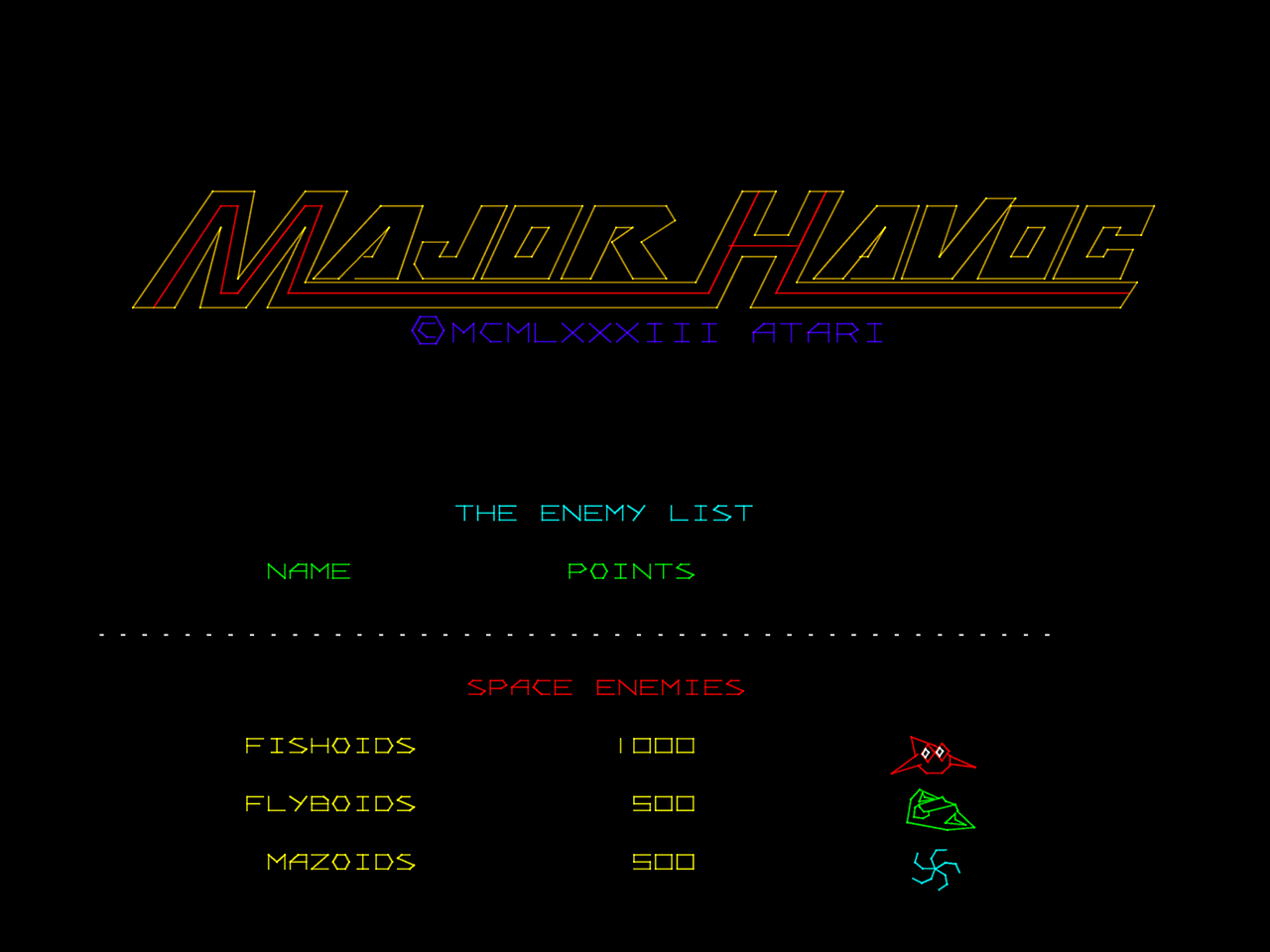 Adventures of Major Havoc, The Arcade Screenshot: Title screen.