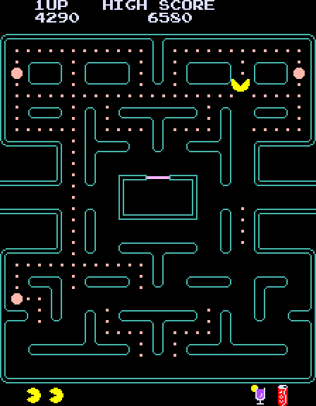 Pac-Man Plus Arcade Screenshot: I ate the bonus fruit...and now the ghosts are temporarily invisible!