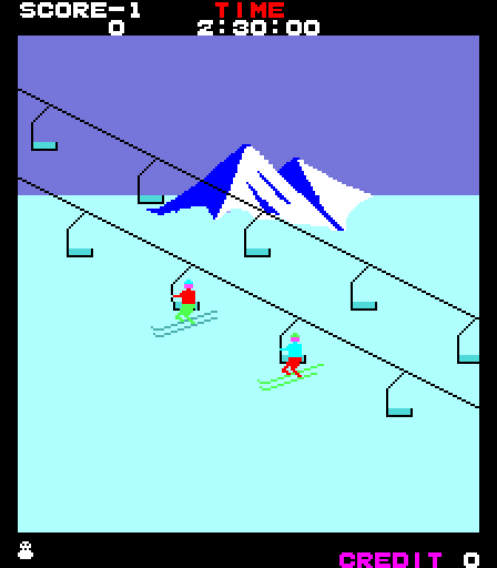 Alpine Ski Arcade Screenshot: Game introduction; riding the ski lift.