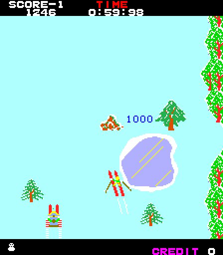 Alpine Ski Arcade Screenshot: If you can ski between that rock and tree it's worth 1000 bonus points...