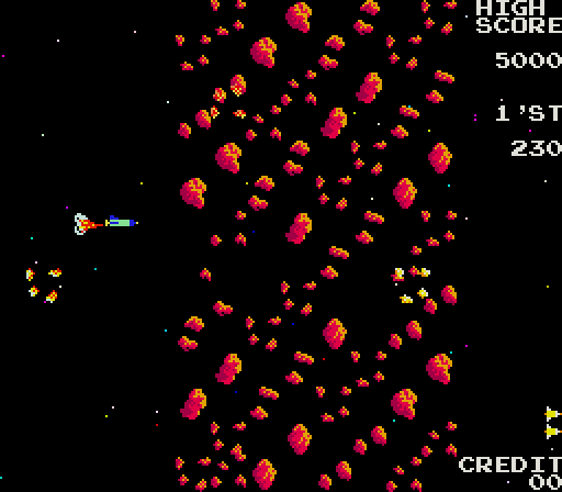 Moon Shuttle Arcade Screenshot: Game start; blast through the asteroid!