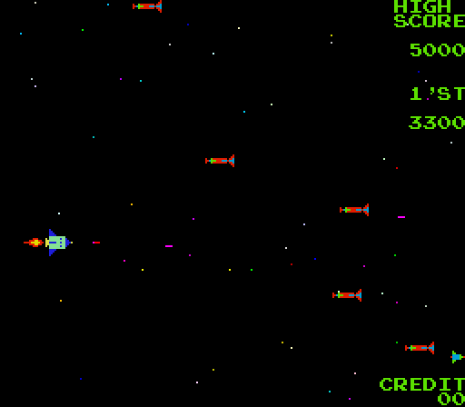Moon Shuttle Arcade Screenshot: Some rapidly moving rockets attack now.