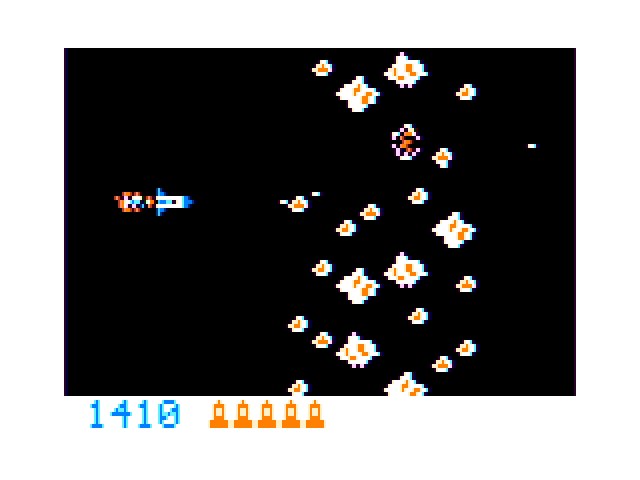 Moon Shuttle TRS-80 Color Computer Screenshot: Some more asteroids to blast through...
