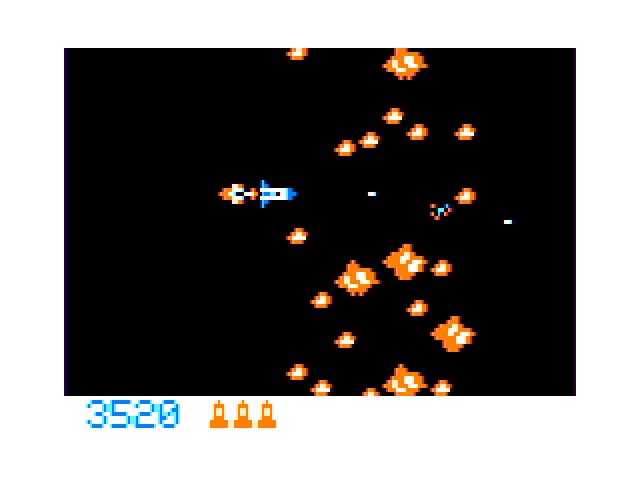Moon Shuttle TRS-80 Color Computer Screenshot: The asteroids start to become tougher to clear...
