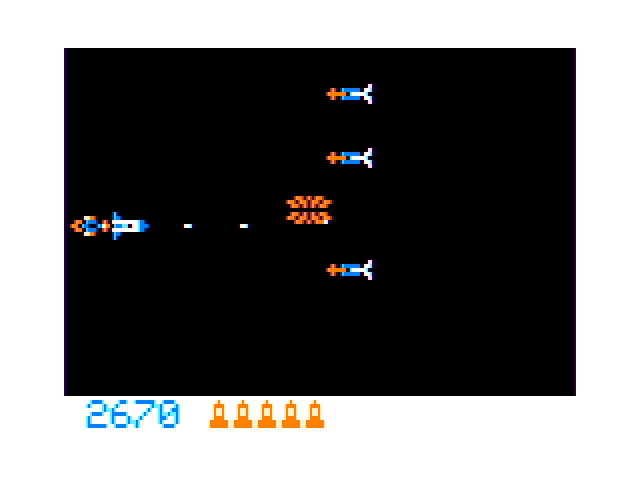 Moon Shuttle TRS-80 Color Computer Screenshot: New types of enemies appear as the game progresses...