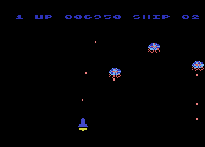 Moon Shuttle Atari 8-bit Screenshot: Enemies become tougher as the game progresses!