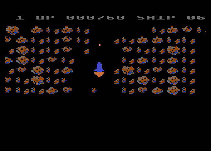 Moon Shuttle Atari 8-bit Screenshot: Game start; blast through the asteroids!