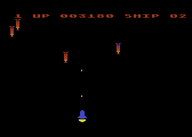 Moon Shuttle Atari 8-bit Screenshot: These narrow opponents are tougher to hit...