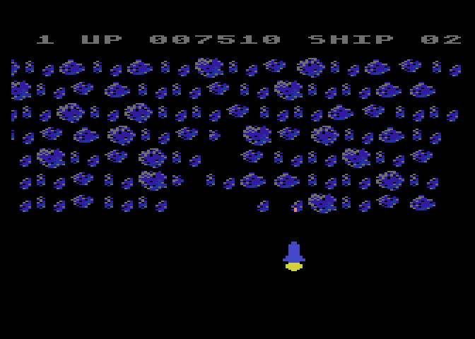 Moon Shuttle Atari 8-bit Screenshot: Your ship moves forward constantly, so shoot quickly!