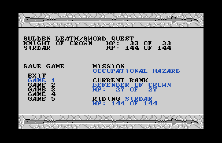 DragonStrike Commodore 64 Screenshot: The save and status screen.
