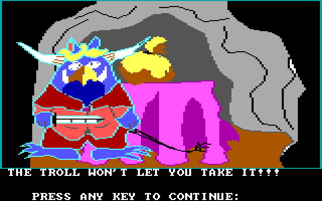 Troll's Tale IBM PC/Compatibles Screenshot: Here's the troll...it won't let me take things!