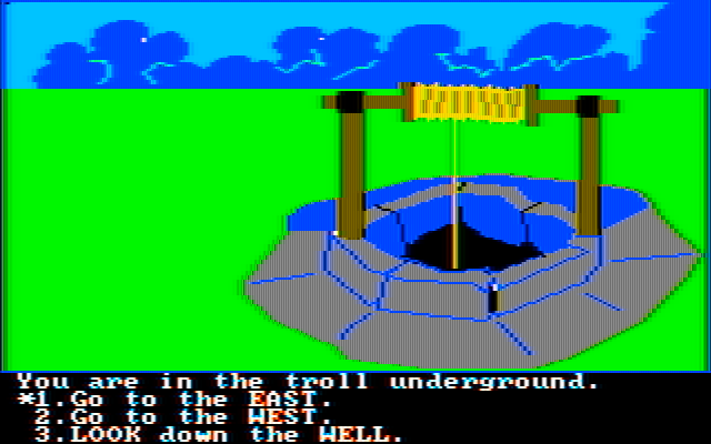 Troll's Tale IBM PC/Compatibles Screenshot: A well; explore it, or head east or west?