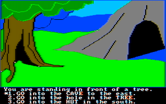 Troll's Tale IBM PC/Compatibles Screenshot: Explore the cave or the tree?