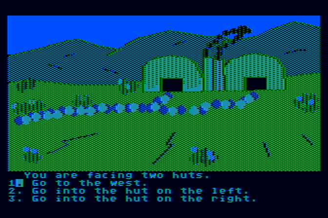 Troll's Tale Atari 8-bit Screenshot: A couple of huts...