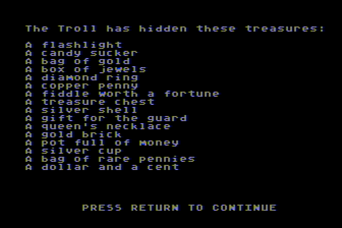Troll's Tale Atari 8-bit Screenshot: Here's the list of items you need to find...
