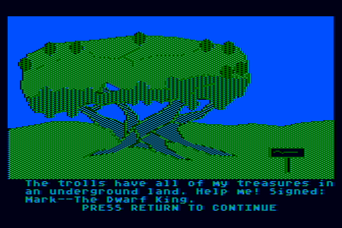 Troll's Tale Atari 8-bit Screenshot: The king wants you to help find all of his treasures!