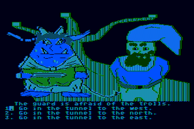 Troll's Tale Atari 8-bit Screenshot: The guard is afraid of trolls!