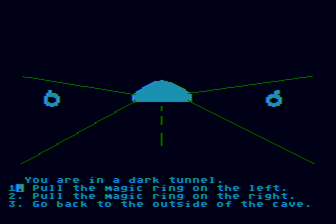 Troll's Tale Atari 8-bit Screenshot: A tunnel...pull any of the magic rings? Or back out of the cave?