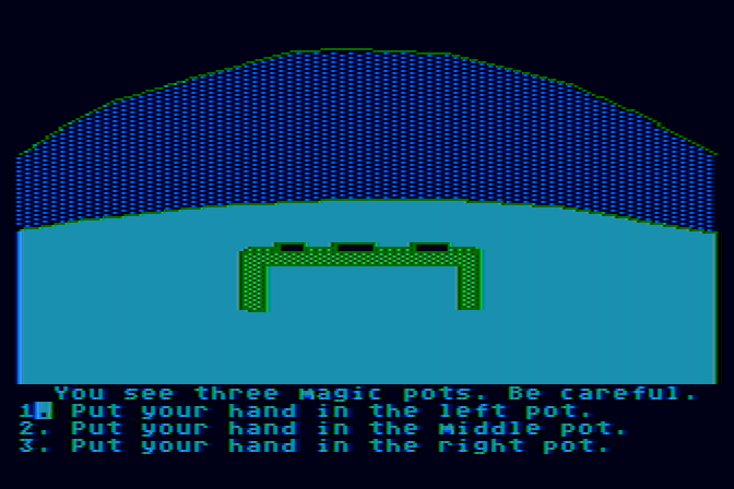 Troll's Tale Atari 8-bit Screenshot: Some magic pots...