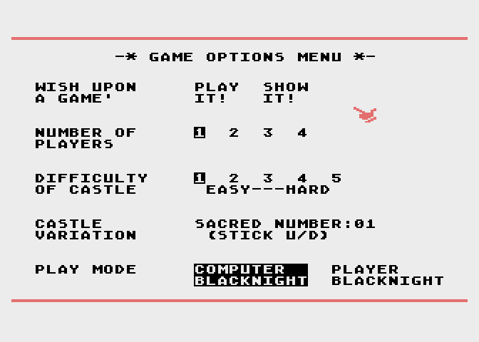 Cycle Knight Atari 8-bit Screenshot: Game options menu.