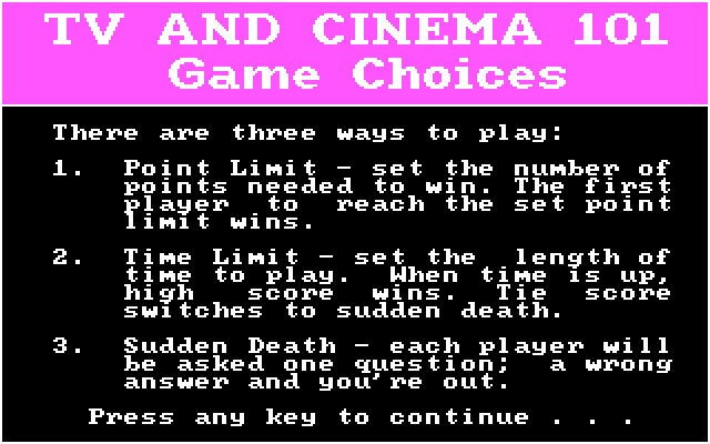 TV and Cinema 101: Trivia from Talkies to Trekkies IBM PC/Compatibles Screenshot: How to play.