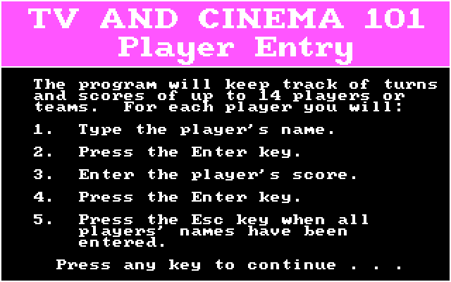 TV and Cinema 101: Trivia from Talkies to Trekkies IBM PC/Compatibles Screenshot: Start of the instructions.