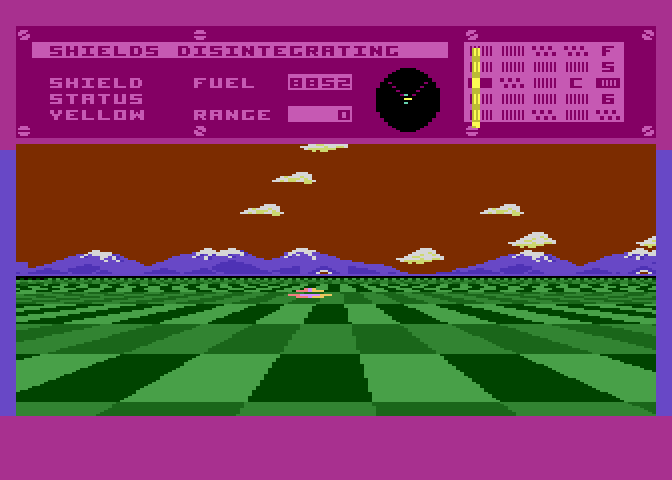 Dimension X Atari 8-bit Screenshot: I'm hit! The screen shakes and flashes different colors.