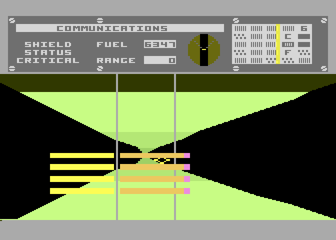 Dimension X Atari 8-bit Screenshot: Fly over or under these obstacles...