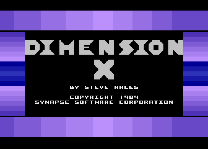 Dimension X Atari 8-bit Screenshot: Title screen; the border flashes different colors.