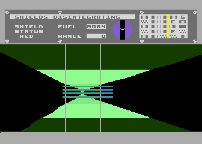 Dimension X Atari 8-bit Screenshot: Each tunnel has multiple barriers to dodge.