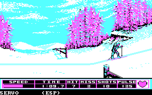 Winter Games IBM PC/Compatibles Screenshot: Skiing uphill is a little tougher...