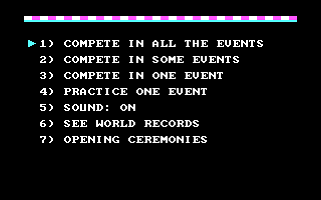 Winter Games IBM PC/Compatibles Screenshot: The main menu.