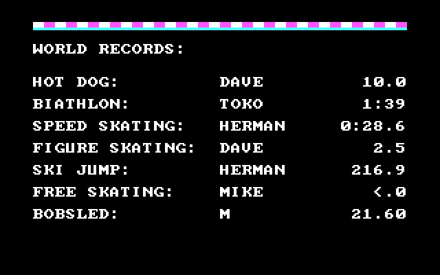Winter Games IBM PC/Compatibles Screenshot: The world records screen.
