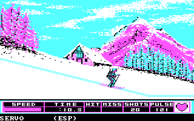 Winter Games IBM PC/Compatibles Screenshot: Skiing downhill...