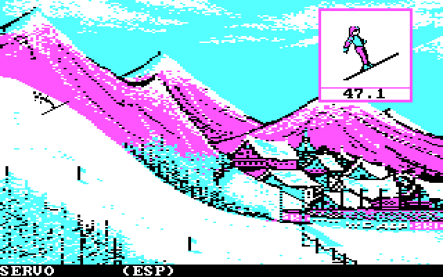 Winter Games IBM PC/Compatibles Screenshot: Attempting to not crash on the ski jump.