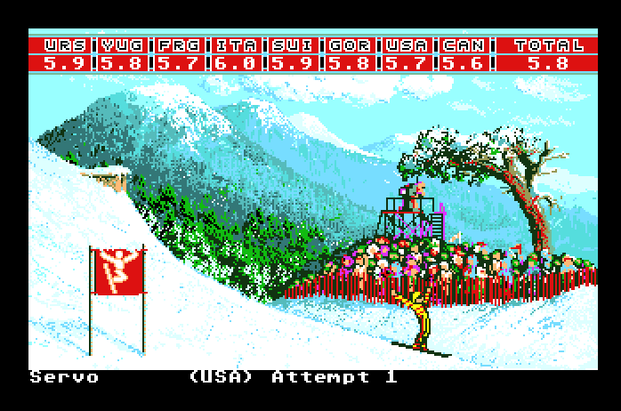 Winter Games Apple IIgs Screenshot: Here's my score; not a great result on attempt 1.