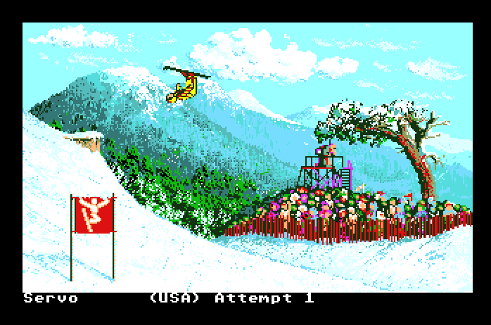 Winter Games Apple IIgs Screenshot: Hot dog; performing a flip.