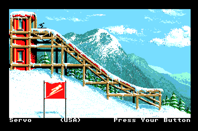 Winter Games Apple IIgs Screenshot: Ready to begin the ski jump?