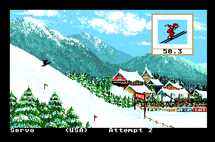 Winter Games Apple IIgs Screenshot: Attempt some stunts before you land...