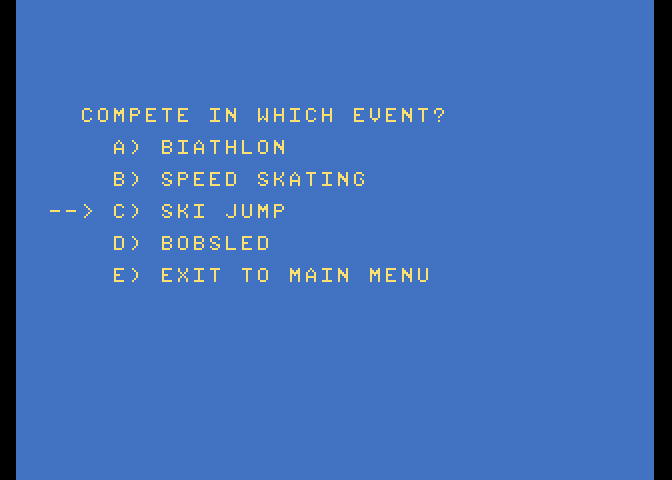 Winter Games Atari 7800 Screenshot: You can also select a single event to compete in.