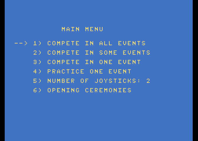 Winter Games Atari 7800 Screenshot: The main menu.