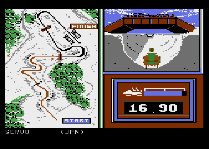 Winter Games Atari 7800 Screenshot: About halfway down the track...