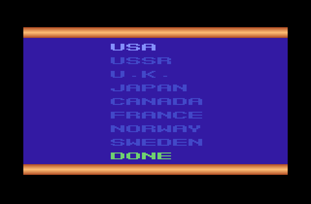 Winter Games Atari 2600 Screenshot: First, select a country...