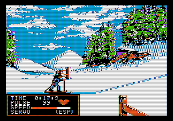 Winter Games Apple II Screenshot: An uphill section of the course.
