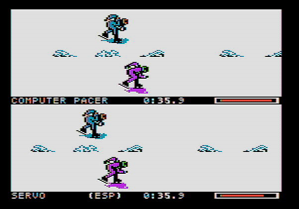 Winter Games Apple II Screenshot: Computer player is catching up!