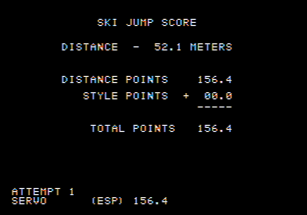 Winter Games Apple II Screenshot: Ski jump score.