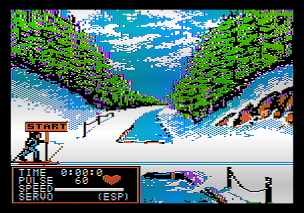 Winter Games Apple II Screenshot: Start of the biathlon...